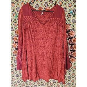 Free People Red Floral Long Blouse/ Short Dress Lined Long Sleeve Flare